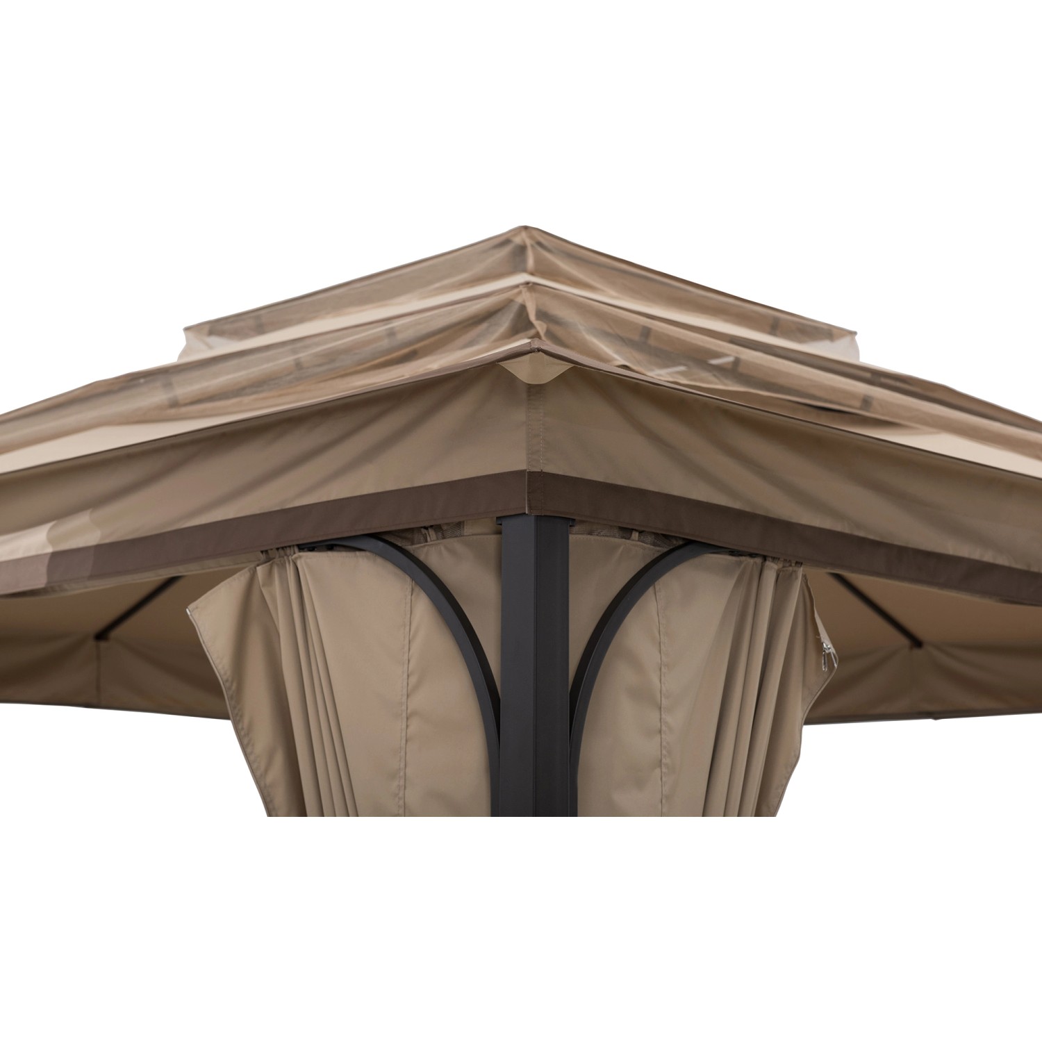 Detailansicht des braunen Sunjoy Gazebo Ropi Pavillons (395x395 cm) mit Stoffdach und Stahlrahmen.