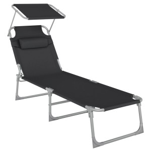 Schwarze Songmics Sonnenliege mit Kopfkissen und Sonnendach, klappbar.