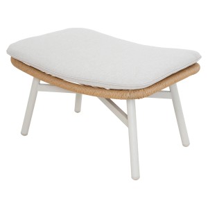 Bille Hocker mit Kissen, beige/natur/grau. Gartenmöbel mit Rattan-Optik und weißem Metallgestell.