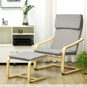 HOMCOM Relaxstuhl mit Armlehnen, grauem Polster und Fußhocker, helles Holzgestell. Klassisches Design.
