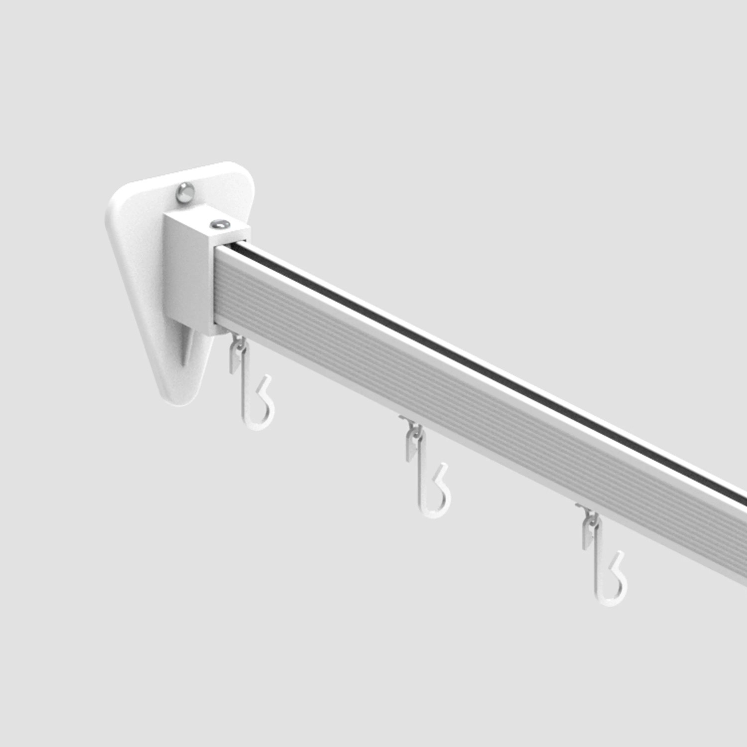 Flexible, weiße Euroshowers Duschvorhangstange (300 cm) mit Haken und Halterungen.
