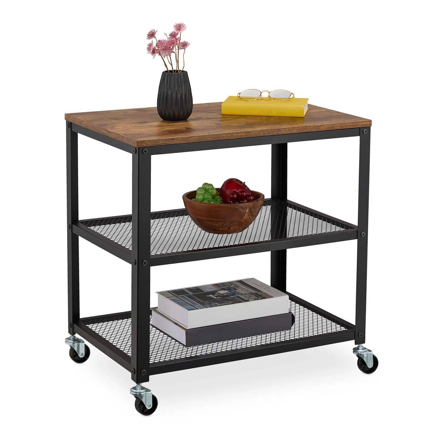 Relaxdays Rollwagen Stahl Schwarz mit 3 Ablagen und Rollen 61 x 60 x 40 cm 6 kg