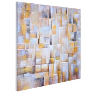 Abstraktes Ölgemälde Cubes handgemalt auf Leinwand. Goldene, weiße und graue Rechtecke für moderne Dekoartikel.