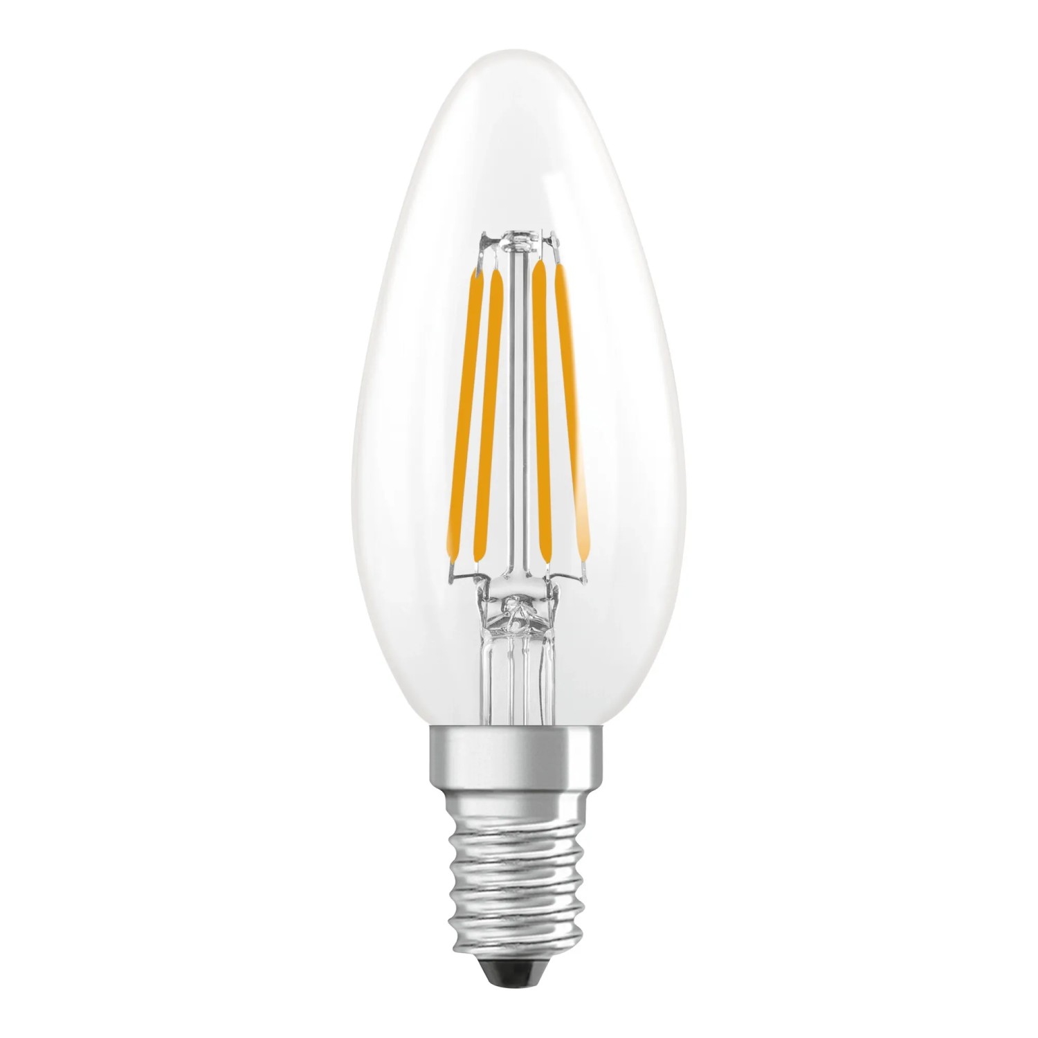 Osram LED-Leuchtmittel E14, Kerzenform, 3,4W, warmweiß, klar. Detailaufnahme.