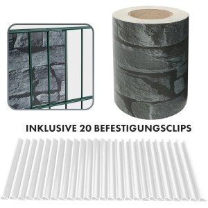 KARAT PVC Sichtschutzstreifen Schiefer, Rolle, Zaunansicht und 20 Befestigungsclips.