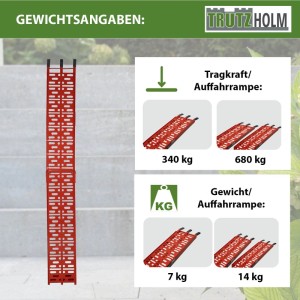 TRUTZHOLM klappbare Auffahrrampe, 228 cm, rot, mit Gewichtsangaben zur Tragkraft und zum Eigengewicht.