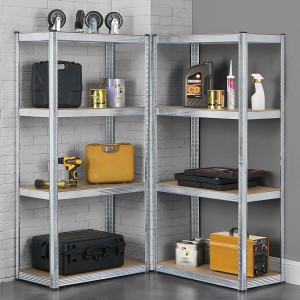 2er Set Juskys Lagerregale Easy (160x80x40cm) mit Werkzeug und Zubehör auf den Regalböden.