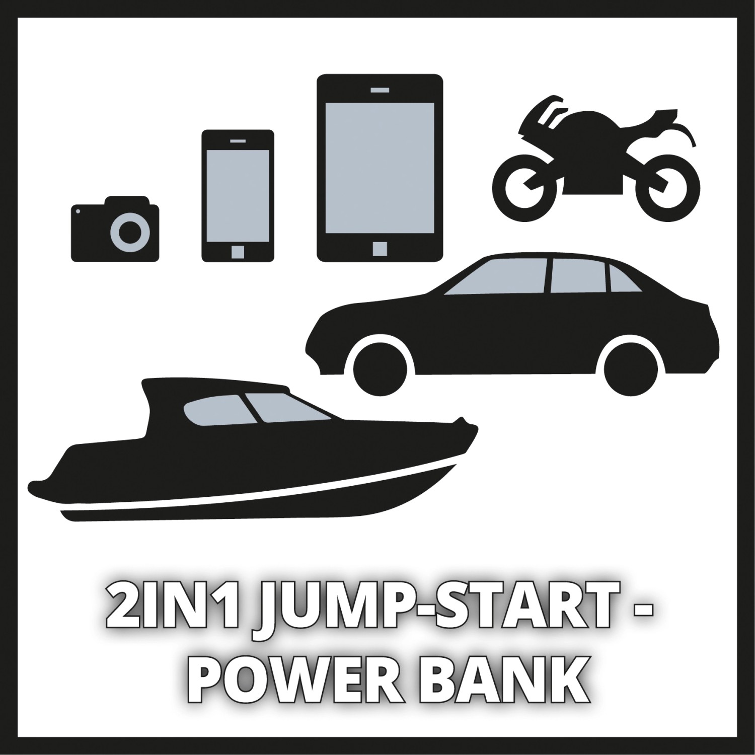 Einhell Power Bank CE-JS 8: Illustration von Kamera, Handy, Tablet, Motorrad, Auto und Boot als Anwendungsbeispiele.