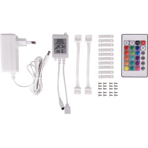 Zubehör für LED-Stripe: Netzteil, Steuerung, Verbinder, Befestigungen und Fernbedienung.