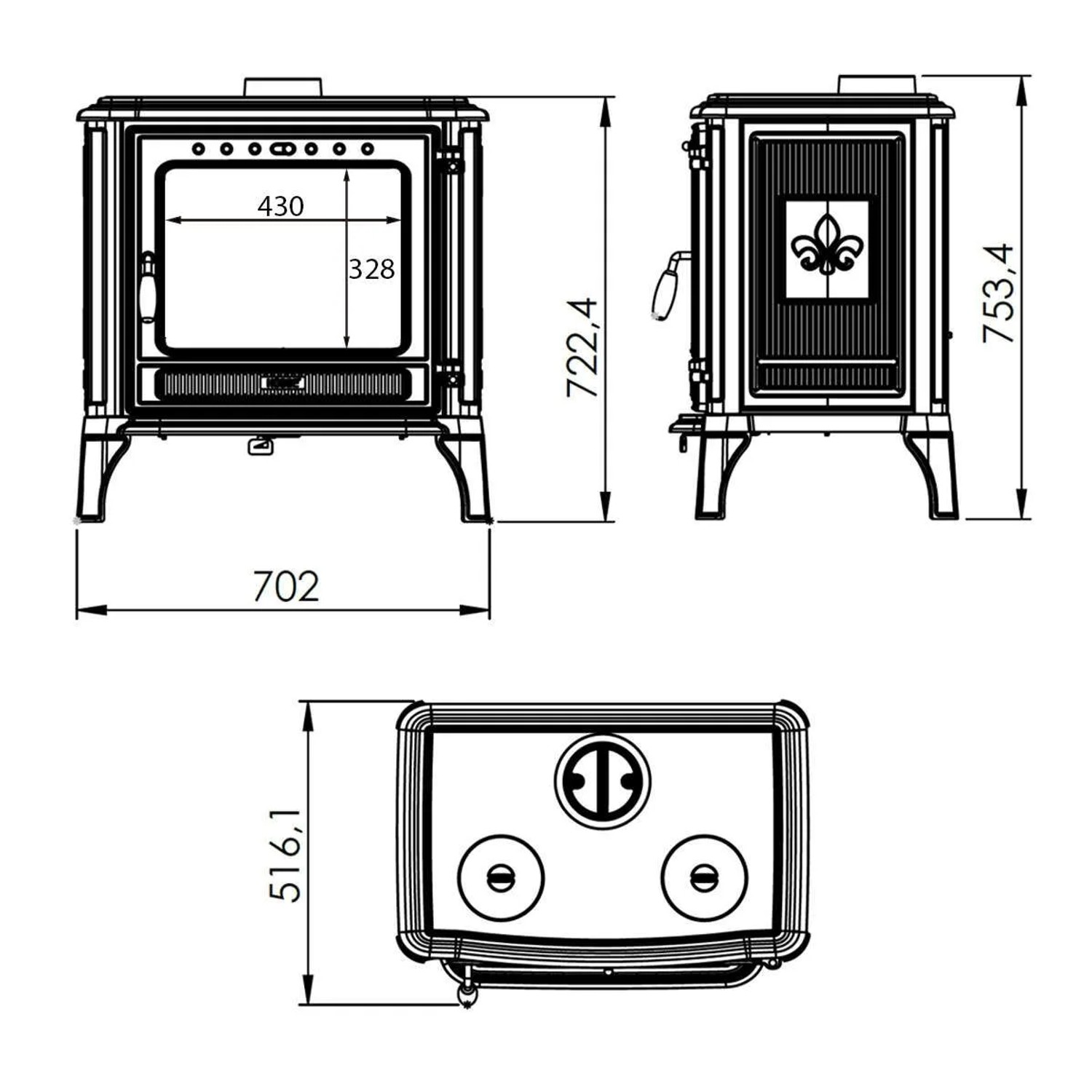 Technische Zeichnung Kaminofen Ferrox 75 Schwarz, Maße und Ansichten für Planung.
