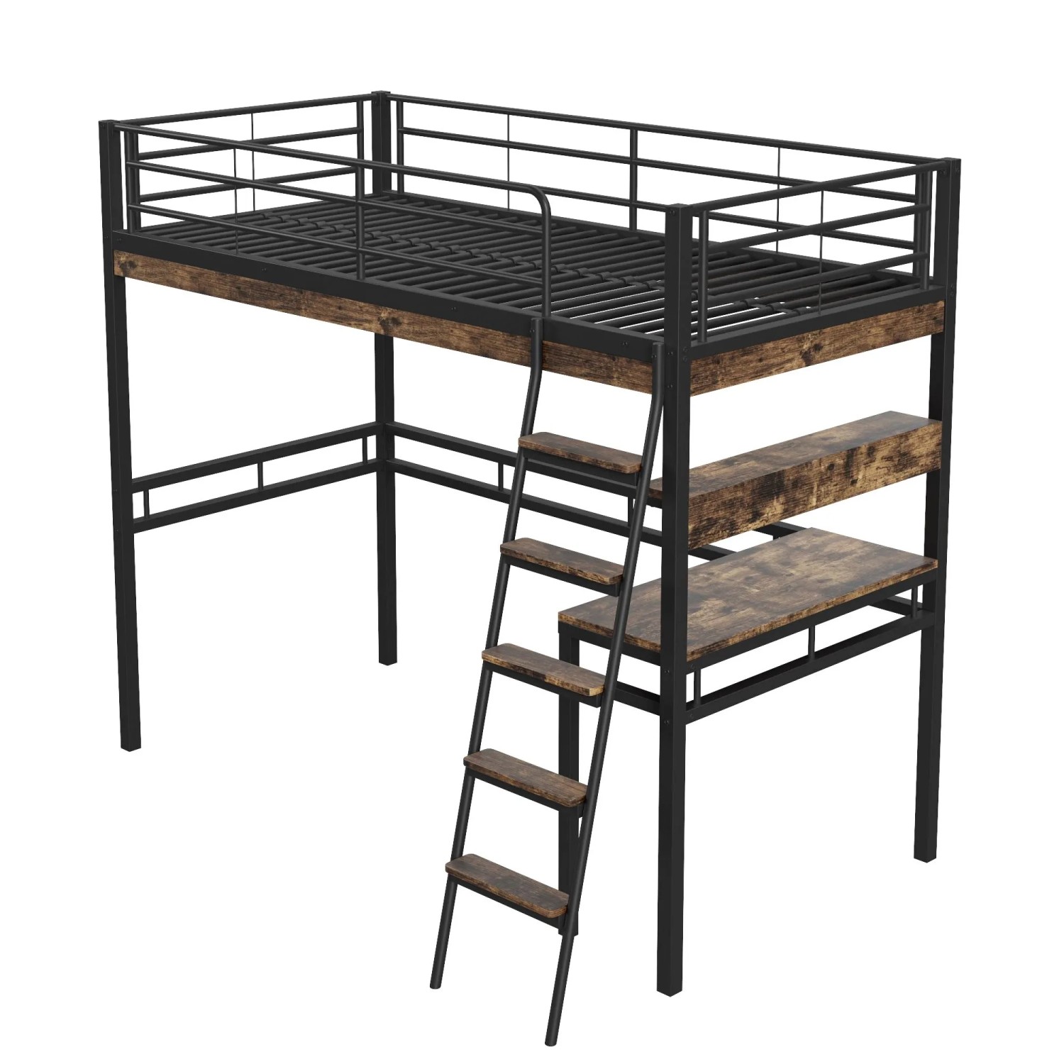 KOMHTOM Hochbett 90x200Cm Mit Schreibtisch Regale Geländer Und Leiter Eisenrahmen Schwarz Ohne Matratze