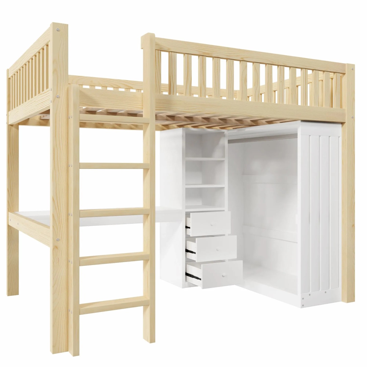okwish Hochbett 140x200cm mit Kleiderschrank und 3 Schubladen Natur ohne Matratze