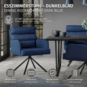Dunkelblauer drehbarer Esszimmerstuhl mit Armlehnen, gepolsterter Rückenlehne und schwarzem Stahlgestell.