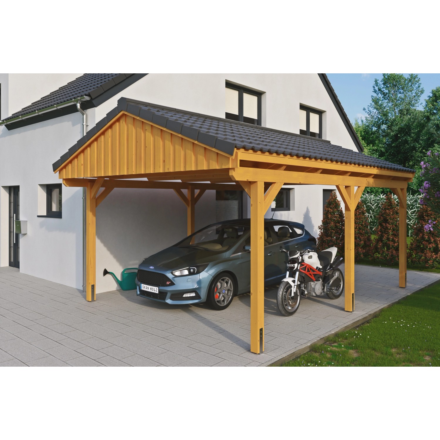 Skan Holz Carport Fichtelberg 423 cm x 566 cm Dachlattung Eiche Hell