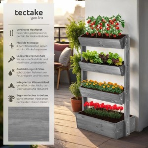 Tectake Vertikalbeet Flora mit 4 Etagen, bepflanzt mit Tomaten, Salat, Blumen und Tulpen.