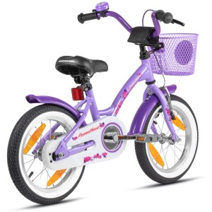 Violettes PROMETHEUS Kinderfahrrad 14 Zoll mit Stützrädern, Korb und Rücktrittbremse. Ideal für kleine Fahranfänger.