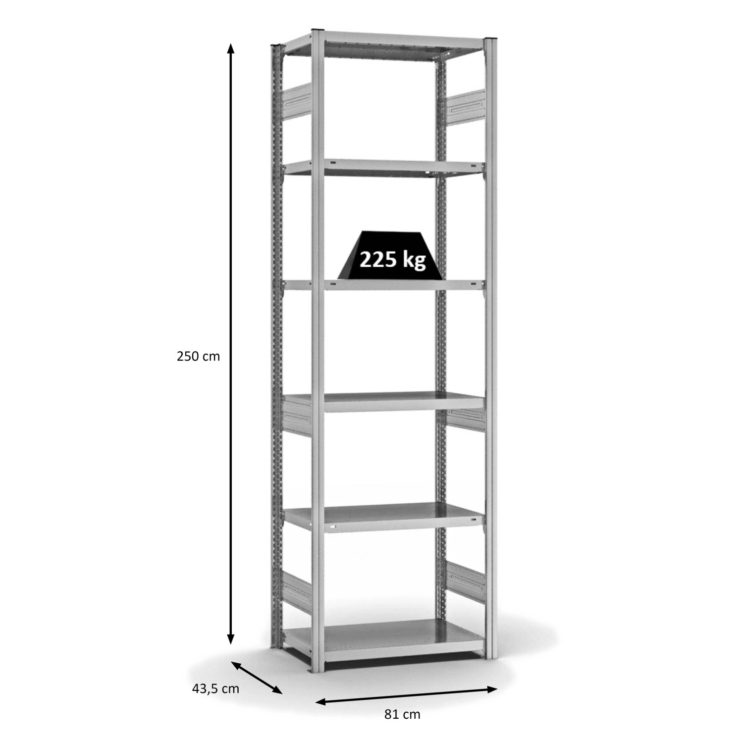Verzinktes PROREGAL Fachbodenregal mit 6 Ebenen, 250x75x40 cm, Fachlast 225 kg, beidseitig nutzbar.