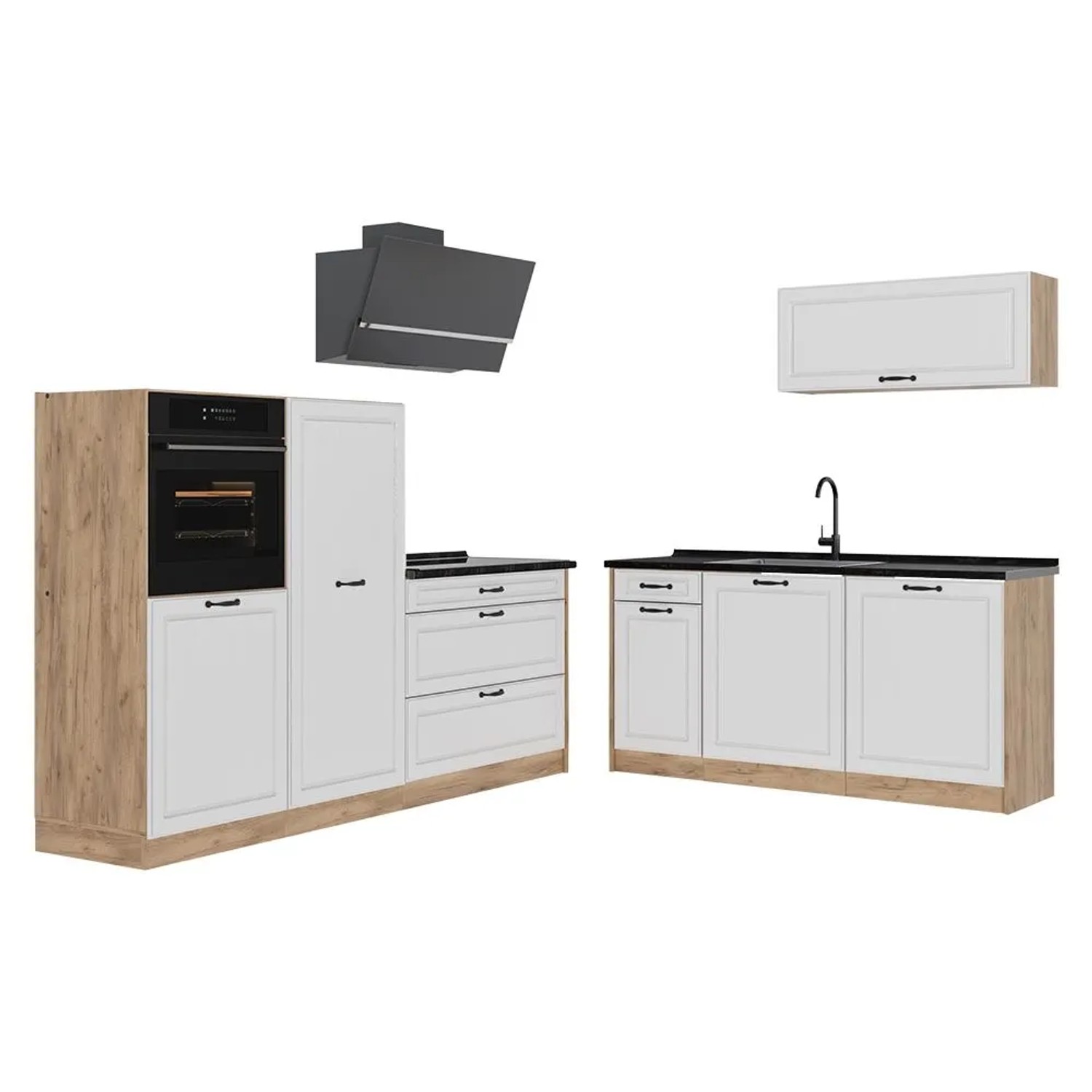 Vicco Küchenzeile R-Line Weiß Landhaus/Goldkraft Eiche 220 x 143 ohne Arbeitsplatte Art Nr 67857