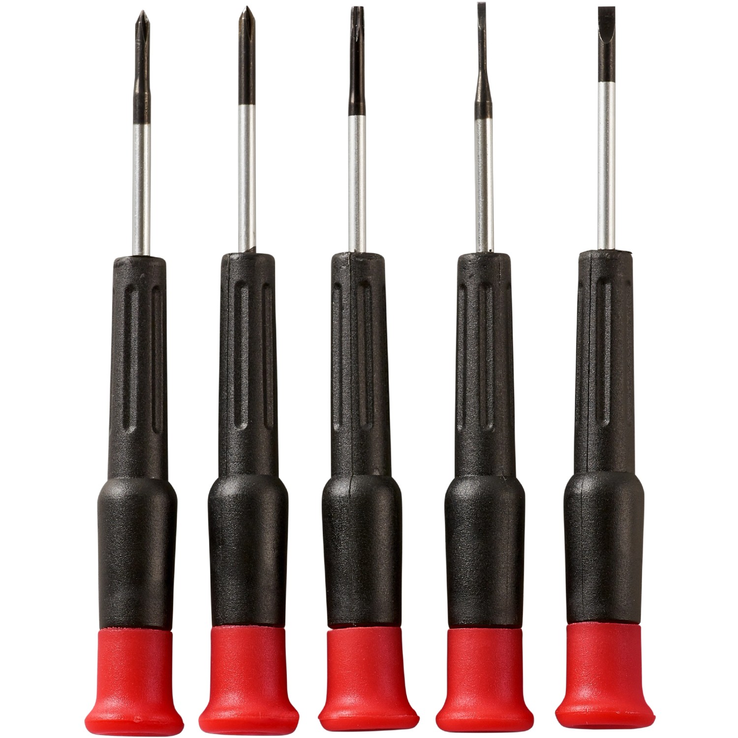 Präzisions-Schraubendreher-Set, 5-teilig, für kwb Werkzeugkoffer, mit schwarzen Griffen und roten Enden.