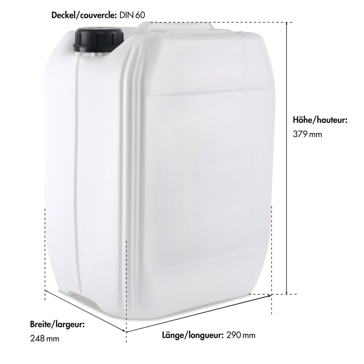 Kanister Bayzid pH Minus Flüssig 14,9% 20kg mit Maßangaben.