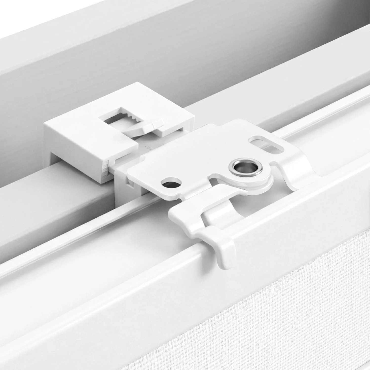Weißer Klemmfix-Halter für Sekey Wabenplissee. Bohrerlose Montage des Fenstervorhangs.