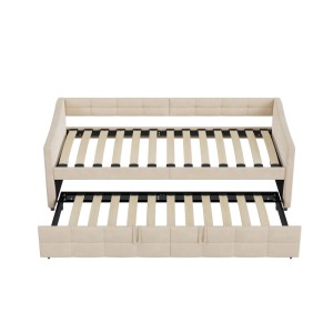 PXloue Schlafsofa Tagesbett Polsterbett Ausziehbett 90/180x200cm mit Seitentaschen Samt Beige