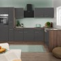 Respekta Winkelküche 310 cm, grau seidenglänzend mit Eiche York Dekor, inklusive Elektrogeräten.