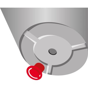 Detailaufnahme: Scheurich Linetto Pflanzgefäß Stony Black, Fokus auf Wasserablauf mit rotem Verschluss.