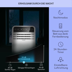 Weiße Klarstein Metrobreeze Klimaanlage mit Display und Nachtmodus für erholsamen Schlaf.