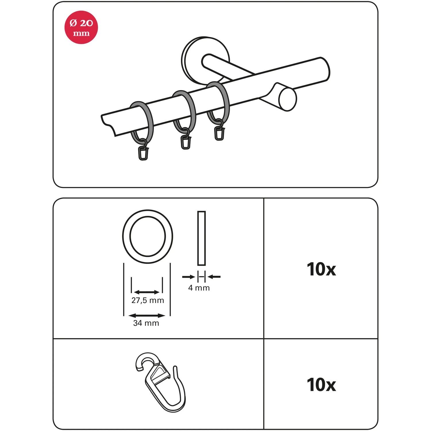 Gardinia Gardinenringe Chicago, Edelstahl, 10er-Pack für 20 mm Stangen, mit Faltenlegehaken.