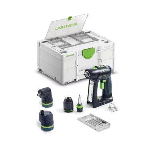 Festool Akku Bohrschrauber C 18 Basic Set: schwarzer Bohrschrauber, diverse Vorsätze und weißer Systainer.