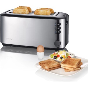 Severin Langschlitztoaster AT 2509 aus Edelstahl mit Brötchenaufsatz und Toastscheiben.