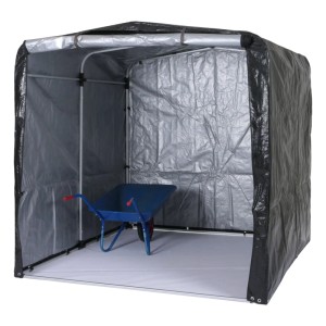 Anthrazitfarbenes Gerätehaus/Fahrradbox aus Alu & Kunststoff mit Schubkarre. Wetterfest & UV-geschützt.