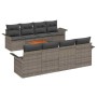 Graues 9-teiliges vidaXL Garten-Sofa-Set aus Poly Rattan mit Tisch und grauen Kissen.