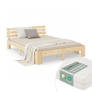Homestyle4u Holzbett 140x200 cm aus massiver Kiefer, naturfarben, mit Lattenrost und Matratze.