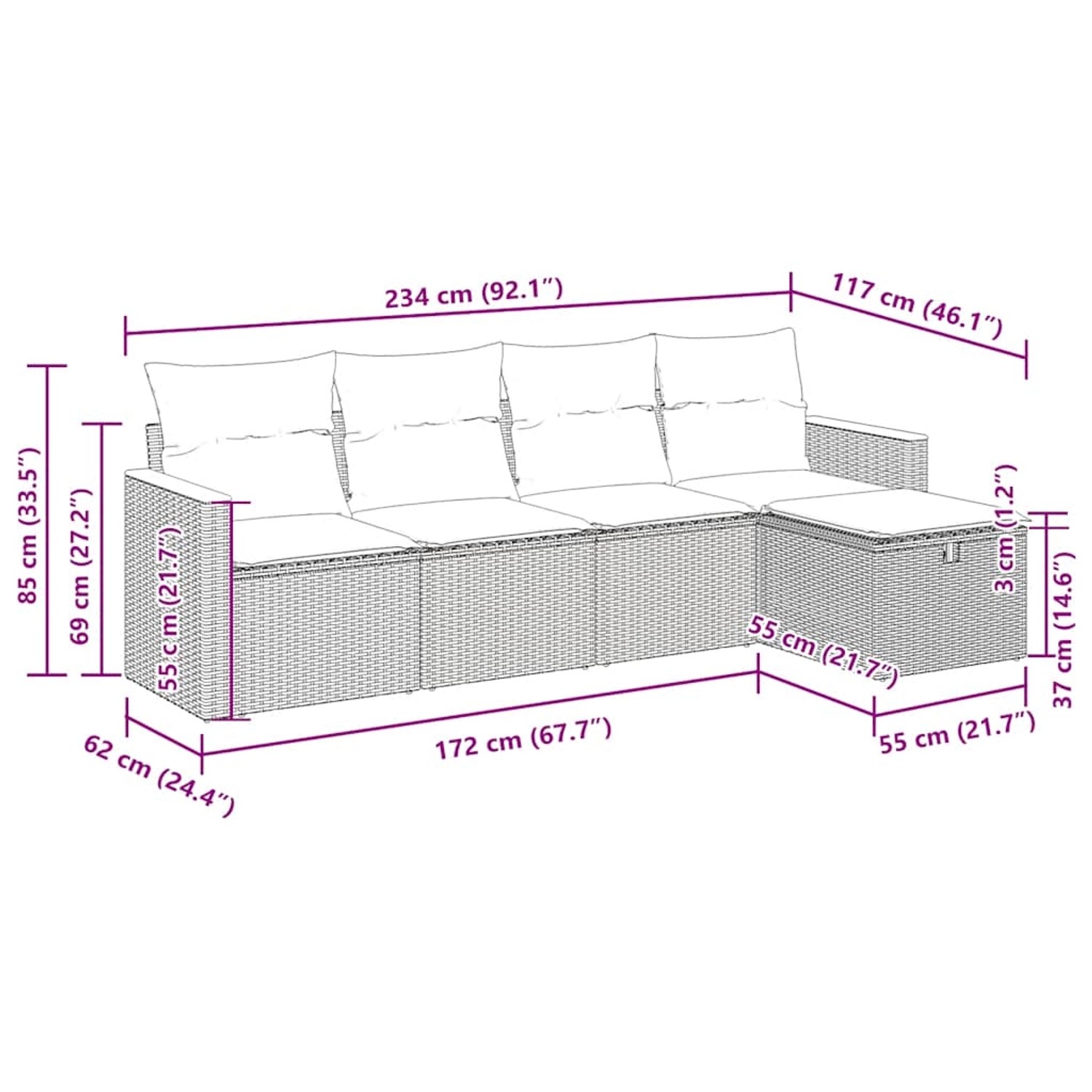 vidaXL 5-tlg. Garten-Sofagarnitur beige Poly Rattan mit Kissen, Maße der Gartenmöbel sind eingezeichnet.