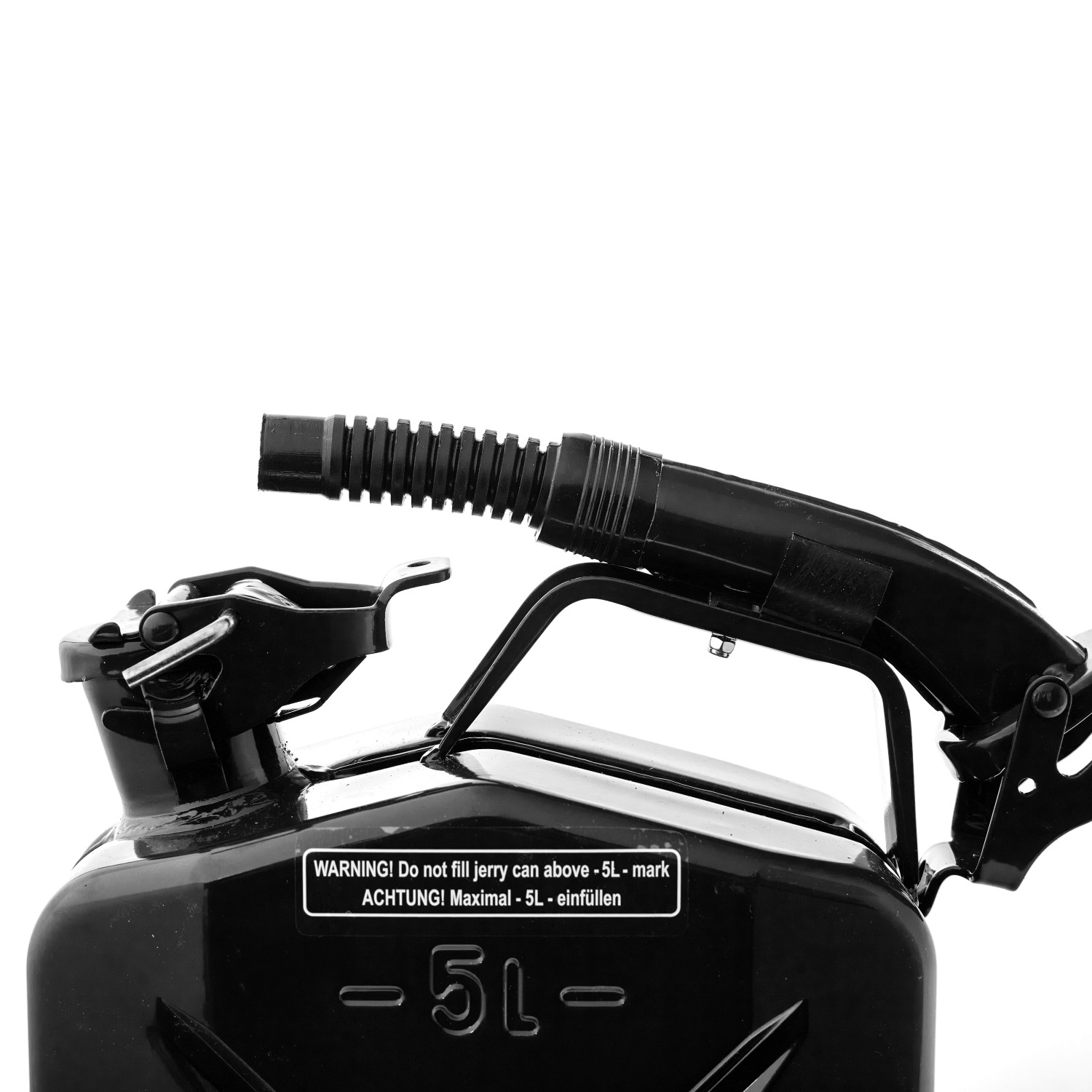 Schwarzer 5L Metall Kraftstoffkanister mit Ausgießer für Benzin, Diesel & E10.