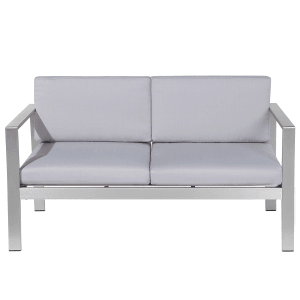 Beliani Gartenbank Grau, 2-Sitzer Sofa mit Aluminiumgestell und hellgrauen Polstern.