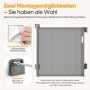 Graues ausziehbares Treppenschutzgitter mit zwei Montageoptionen: Kleben ohne Bohren oder Schrauben. Für Kinder & Hunde.