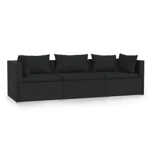 Schwarzes 3-Sitzer Gartensofa aus Rattan mit Kissen von vidaXL.