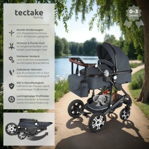 Tectake Kombi Kinderwagen Mats 2 In 1  Klappbar  Mit 5 Punkt Gurt  Bremse  Schutzbügel und Handschlaufe Verstellbare Rückenlehne und Schiebegriff  Fal