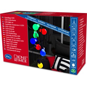 Konstsmide LED Biergartenkette mit 10 bunten Leuchtmitteln in Produktverpackung.