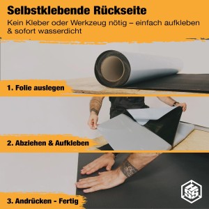 Anleitung: HSS EPDM Dachfolie EasyStick selbstklebend verlegen. Folie ausrollen, Schutzfolie abziehen, andrücken. Einfache Dachabdichtung.