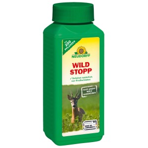 Grüne Neudorff Wildstopp Flasche (100g) mit Reh-Motiv. Effektiver Pflanzenschutz gegen Wildverbiss und Kaninchen.