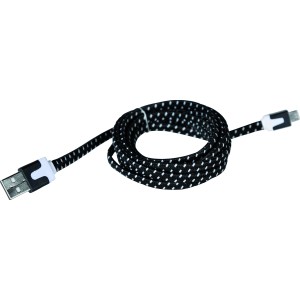 2 m USB 2.0 Ladekabel mit Micro-USB Anschluss, Textilkabel schwarz-weiß gepunktet.