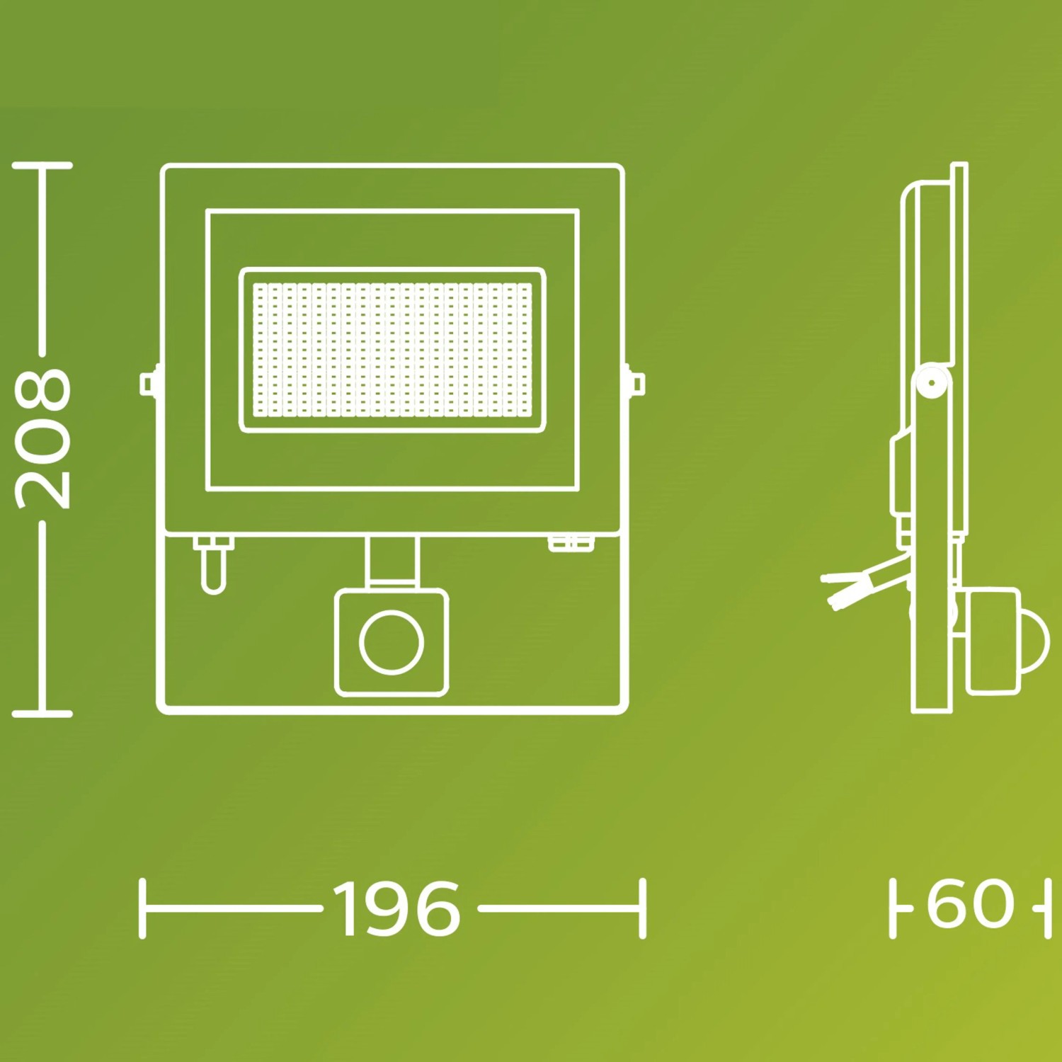 Technische Zeichnung des anthrazitfarbenen Philips Lois LED-Außenstrahlers mit Sensor und Abmessungen.
