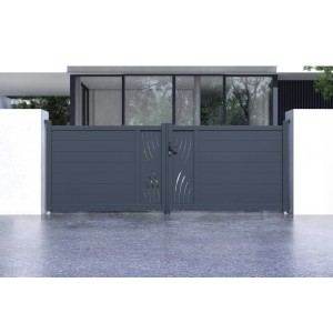 Graues Casanoov Flügeltor Veleta 3,5 m mit Pfosten. Gartentor aus Aluminium mit modernem Design.