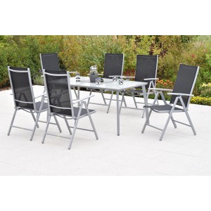 Merxx Amalfi Gartenmöbel-Set, 7-teilig mit Gartentisch und 6 Klappsesseln in Schwarz.