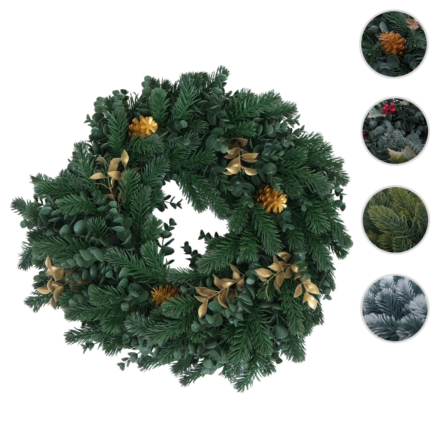 Grüner künstlicher Tannen-Kranz Ø 45cm mit goldenen Zapfen, Blättern und 4 Kerzenhaltern für Weihnachtsdeko.