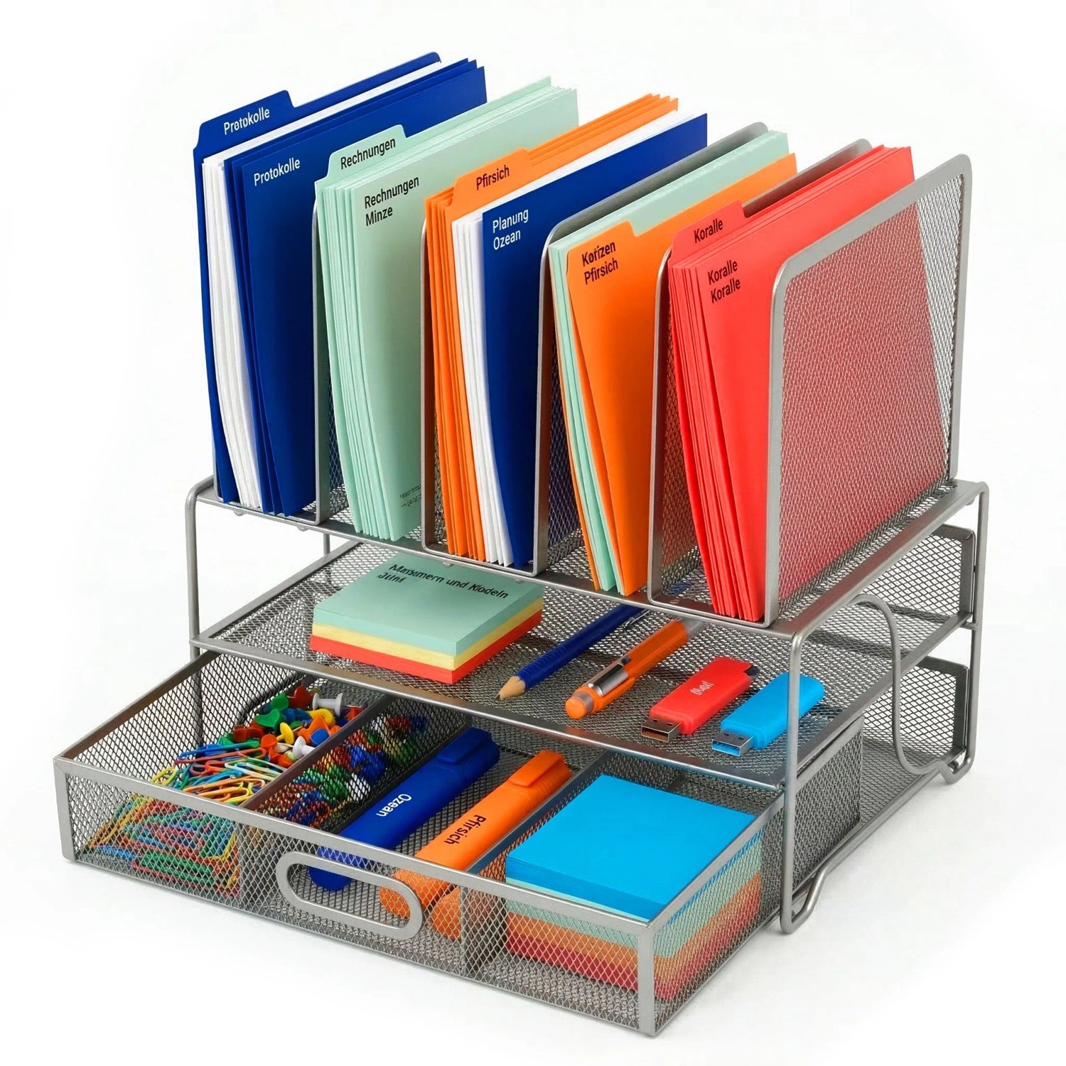 Relaxdays Schreibtisch Organizer Stahl Silber mit Schublade 36 cm x 35 cm x 24,5 cm